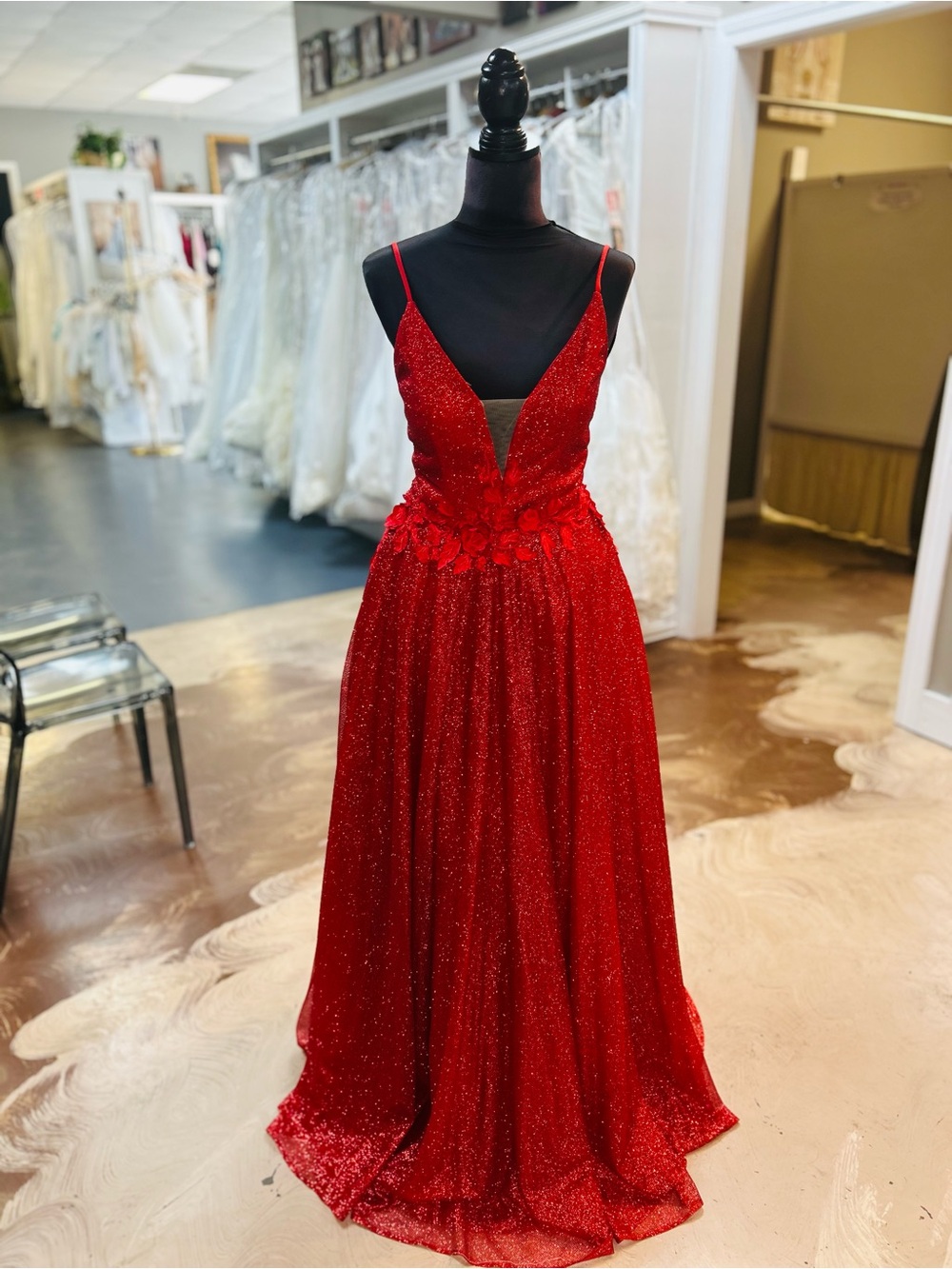 Cecilia Couture Glamorous Red Glitter V-Neck Prom Gown
